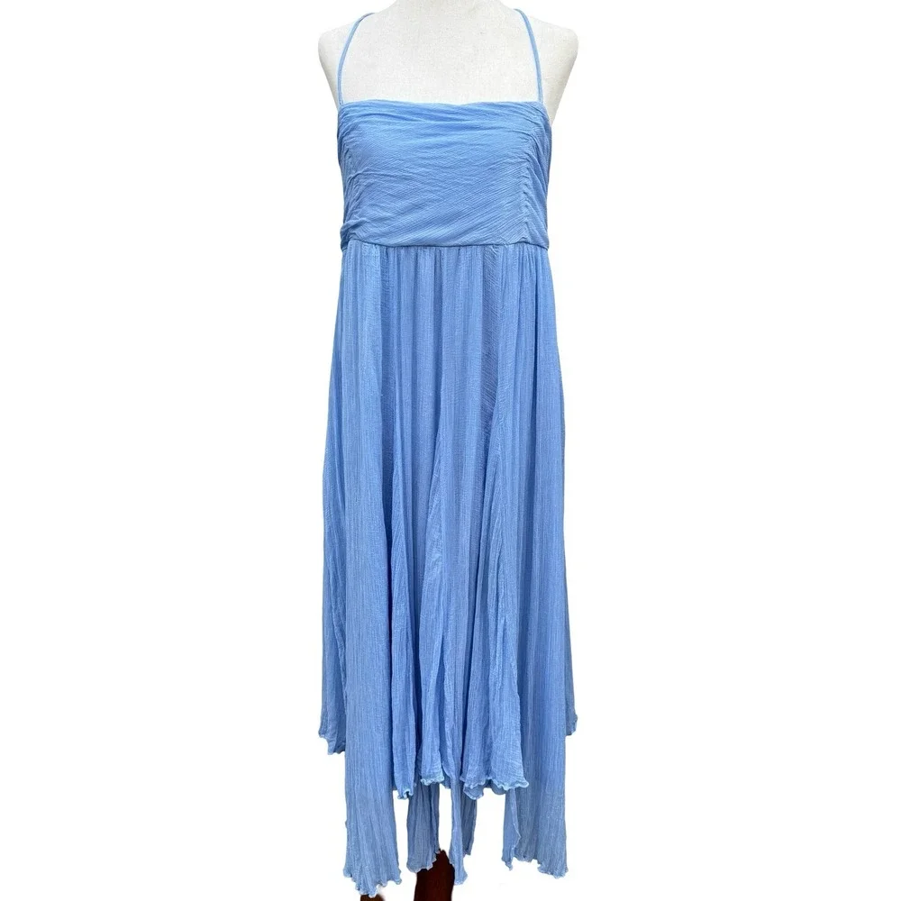BHLDN Anthropologie Lola Blue Crinkle Gauze Chiffon Midi Dress XL Fairy Boho